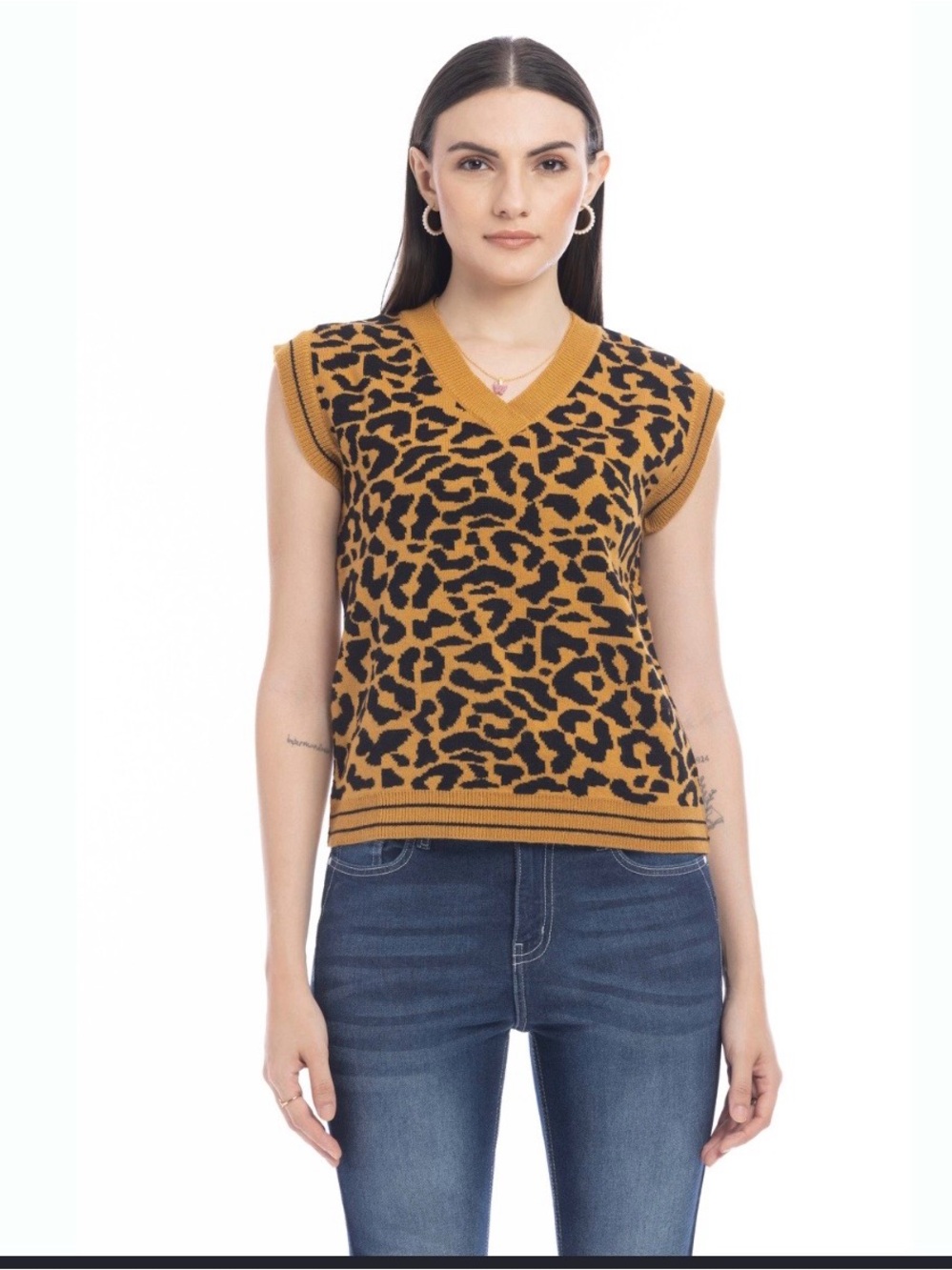 Worthington Leopard Print V-Neck Sleeveless Top - Rust and Black